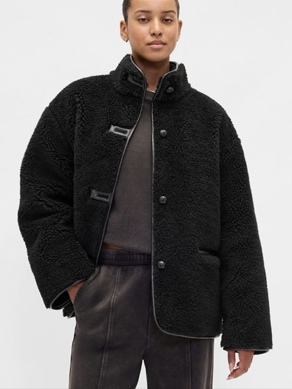 GAP Womens Nwt Recycled Black Sherpa & Vegan Leather Trim Jacket Sz L